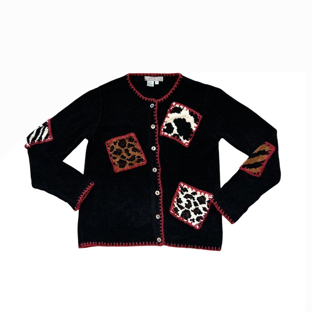 VTG black white animal print patchwork button down cardigan sweater fuzzy S